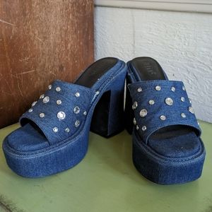 Rhinestone and denim platform sandals